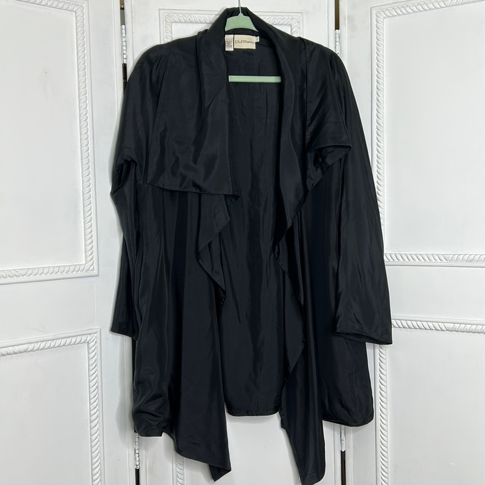 Pure DKNY 100% silk draped pocketed open front long sleeve cardigan